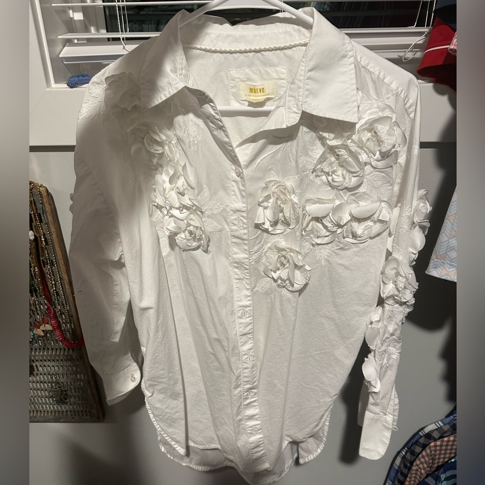 Anthropologie Maeve White Floral Button-Up Shirt